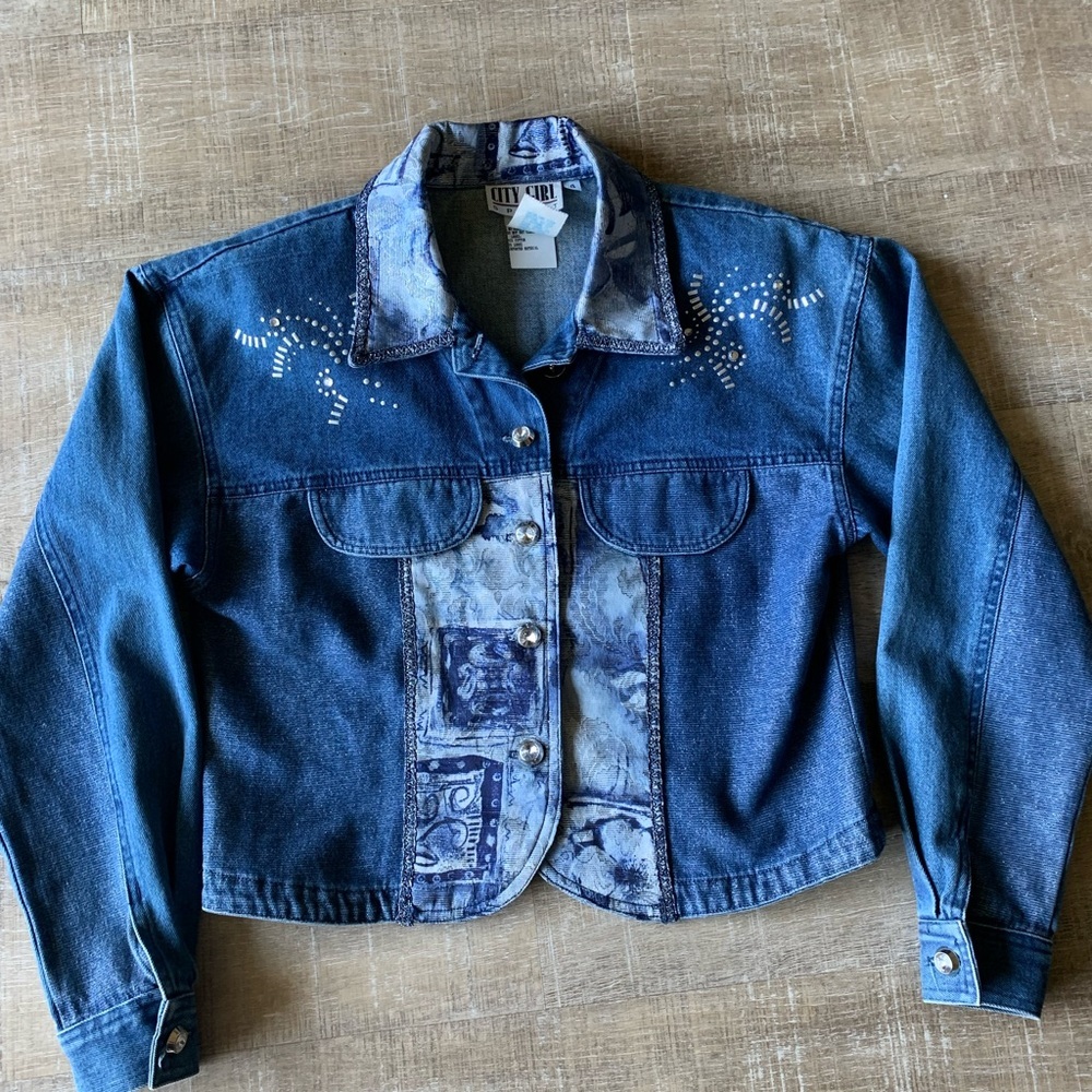 ▶️ Vintage Cropped Denim Jacket Womens 4 Embroidered Studded Western 90s - Picture 9 of 15
